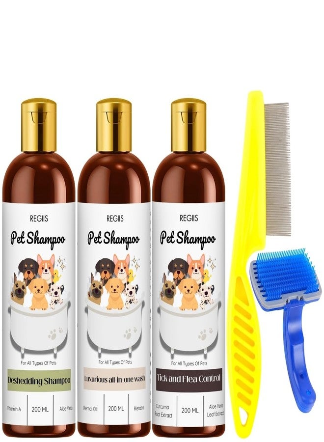 مجموعة شامبو ريجيس للحيوانات الأليفة للكلاب والقطط، 3 زجاجات سعة 200 مل لكل منها، لإزالة الشعر الزائد، وغسيل شامل، ومكافحة القراد والبراغيث مع فرشاة ومشط للتنظيف (عبوة من 5 قطع) - Image 1